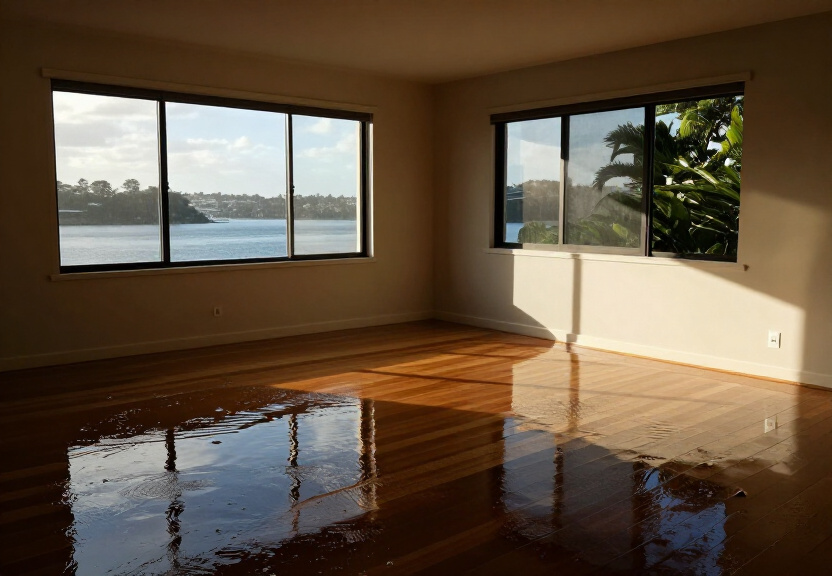 Flooded living room in Dundas Valley home before restoration